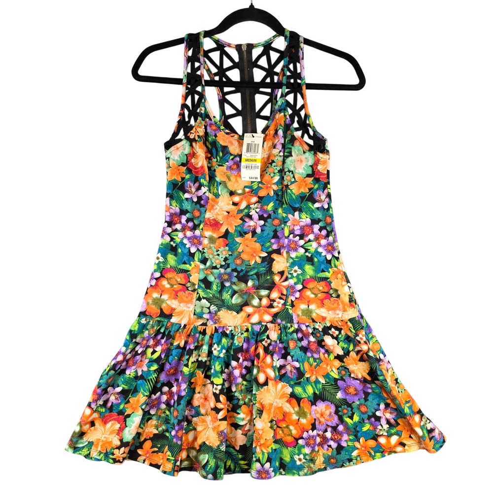 Material Girl Floral Mini Dress Womens Medium Multi Color Lattice Back NWT